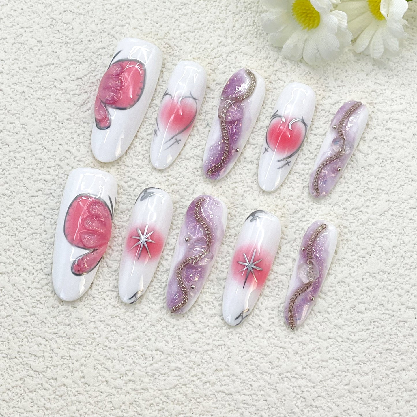 White Base with Pink Blush Ombre, 3D Water Drop Accents and Silver Outline, Handmade – Soft and Elegant Vibes(144)