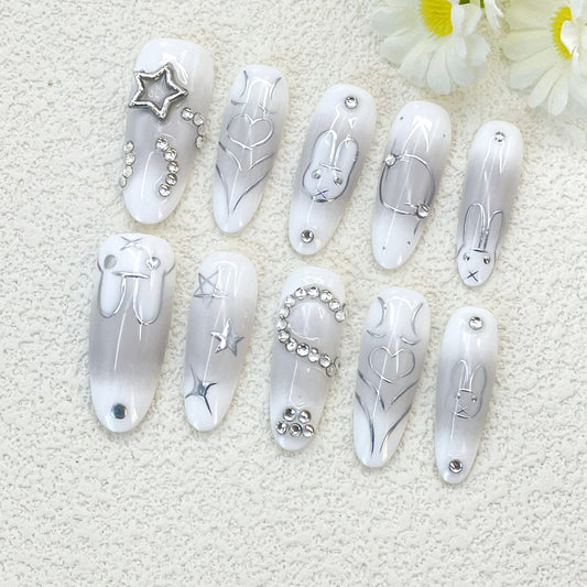 White Base with Gray Ombre, Hand-Painted Bunny, 3D Accents and Silver Outline, Handmade – Cute and Whimsical Vibes(145)