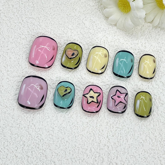 Colorful Cartoon Nails with 3D Hearts and Stars, Square Short, Handmade – Playful and Bold Comic Style(147)