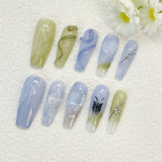 Blue and Green Gradient Nails with 3D Snake, Butterfly and Crystal Accents, Handmade – Mysterious and Edgy Vibes(148)