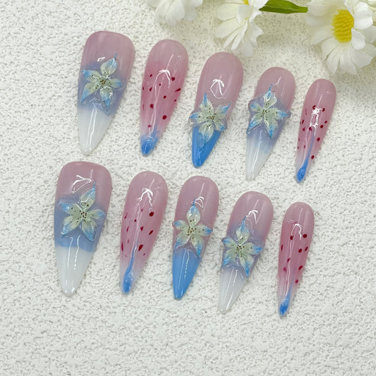 Pointed Press-On Nails with Pink Base, Blue Gradient & 3D Floral Art – Summer Vacation Vibes, European Style, Handmade(149)
