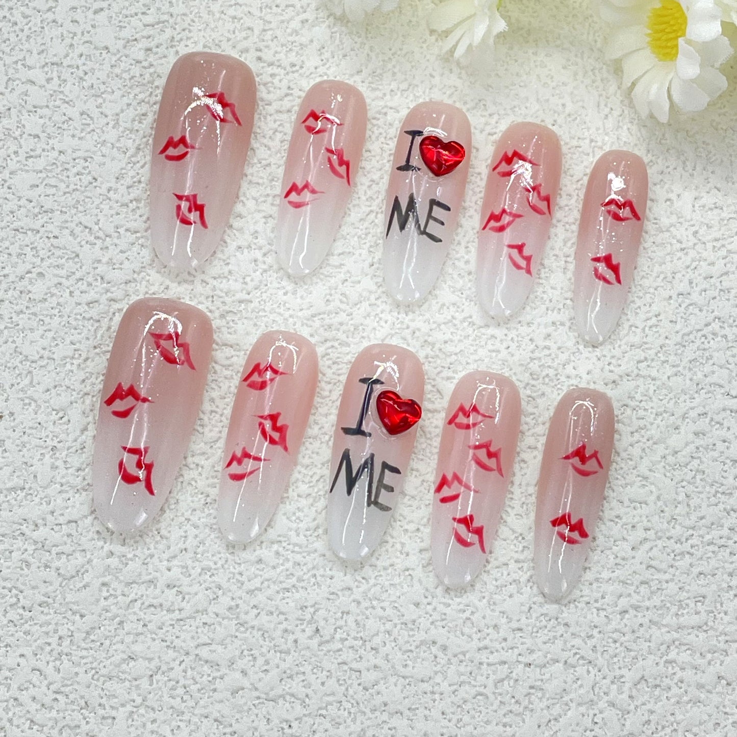 Nude Almond Nails with 3D Heart Gem and Red Lips, Handmade – Sweet and Sassy Glam Look(150)