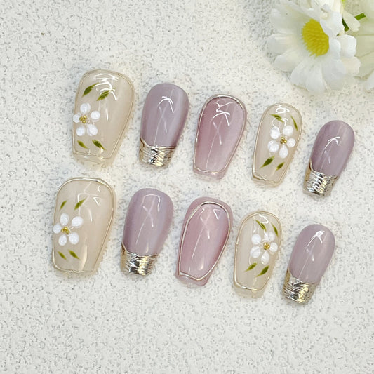 Pink Cat Eye Short Coffin Nails with Hand-Painted Cat Eyes and Gold Outlines, Handmade – Sweet and Artistic Charm(151)