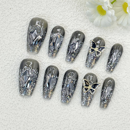 Black Medium Coffin Nails with 3D Butterfly and Glitter Gradient, Handmade – Bold and Dreamy Elegance(152)