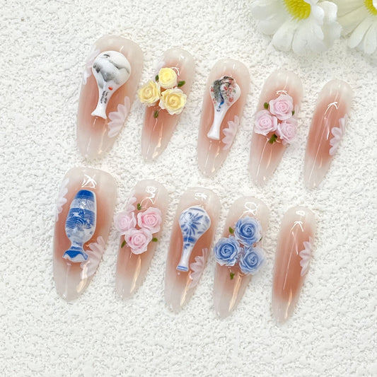 Blush Pink Long Almond Nails with 3D Floral Carving and Vase Accents, Handmade – Romantic and Artistic Bloom(153)