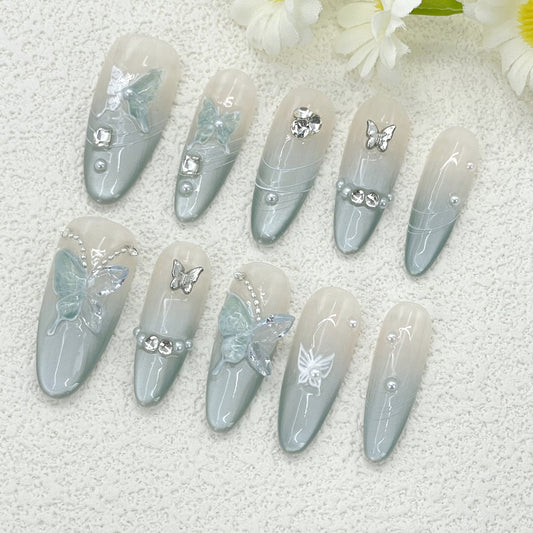 Icy Blue Cat Eye Gradient Almond Nails with Crystal Butterfly Accents, Handmade – Dreamy and Elegant Glow(154)