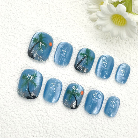 Blue Cat Eye Short Square Nails with Hand-Painted Palm Trees and Sunset, Handmade – Tropical and Serene Vibes(155)