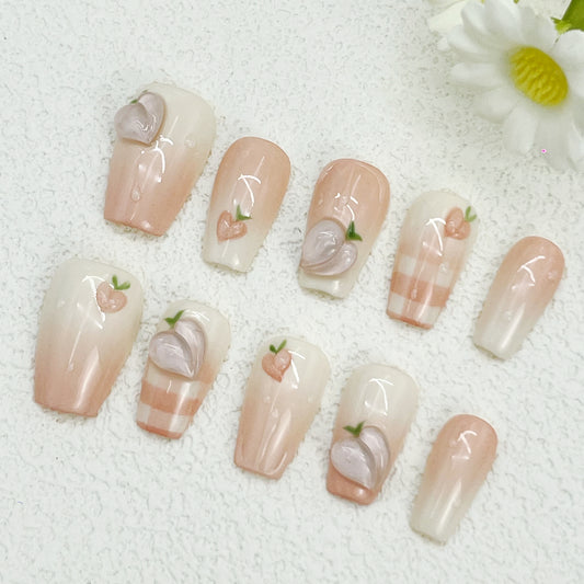 Sweet Peach Press-On Nails – Nude Pink to Beige Gradient with 3D Peach Accents & Hand-Painted Details, Cute & Elegant, Handmade(157)