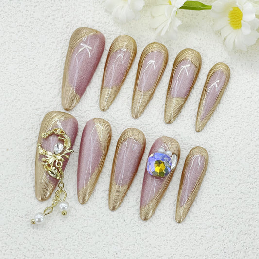 stiletto Press-On Nails – Pink Cat Eye Base with Gold Edges, Pearls, Rhinestones & Metallic Accents, Buccellati-Inspired Luxury, Handmade(158)