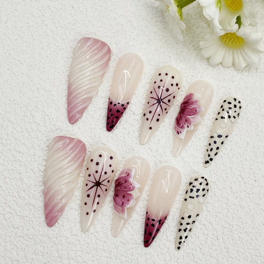 Stiletto Press-On Nails – White Base with Pink, Red & Black Accents, 3D Floral Art, Spiral & Polka Dot Patterns, Bold & Artistic, Handmade(160)