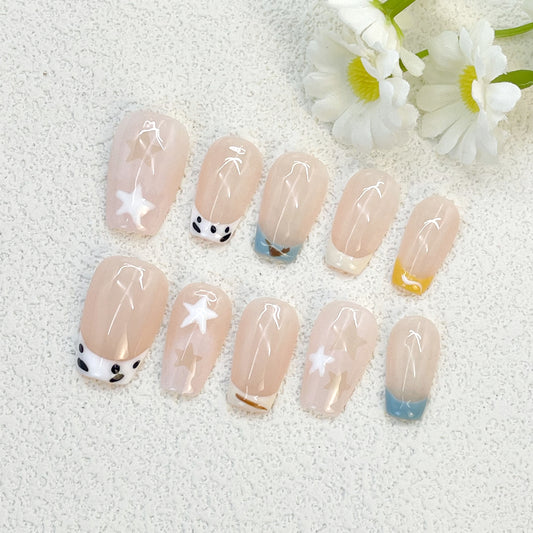 Short Press-On Nails – Nude Pink Base with Star Decals, Colorful French Tips & Polka Dots, Cute & Playful Style, Handmade(161)
