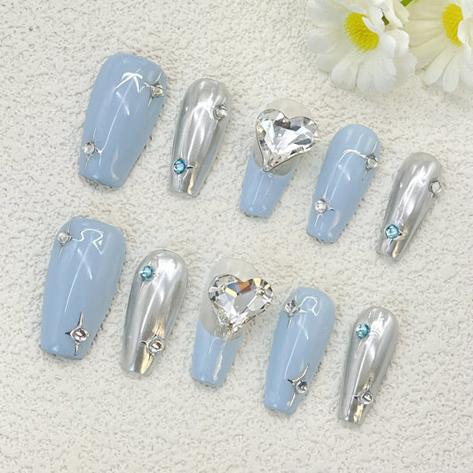 Coffin Press-On Nails – Light Blue & Silver Chrome with Rhinestones and Oversized Heart Gem, Glamorous & Sparkling Luxury, Handmade(162)