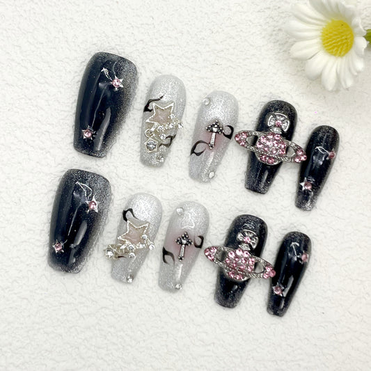 Coffin Press-On Nails – Black & Silver Cat Eye Gradient with Stars, Crosses, Planets & Rhinestones, Sci-Fi Galaxy Vibes, Handmade(163)