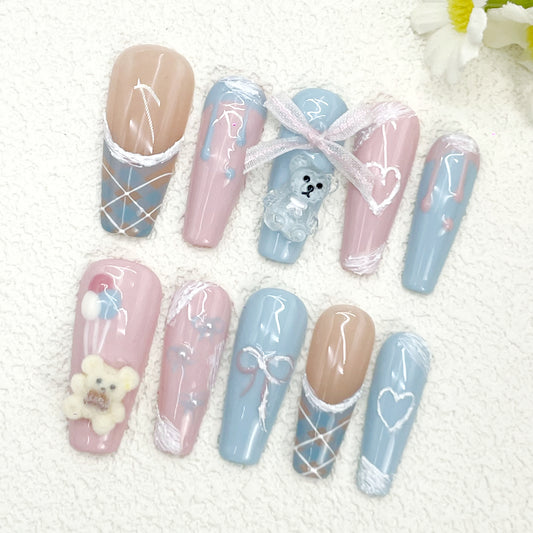 Coffin Press-On Nails – Pink, Blue & Nude with 3D Bear, Bows & Balloons, Glossy Cute Design with Hearts & Drips, Handmade Sweet Style(164)