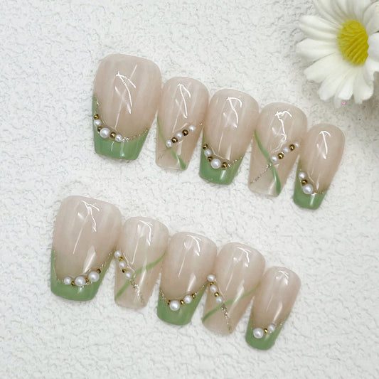 Short Press-On Nails – Nude Beige & Green Gradient with Pearl and Gold Bead Accents, Elegant & Fresh Handmade Design(165)