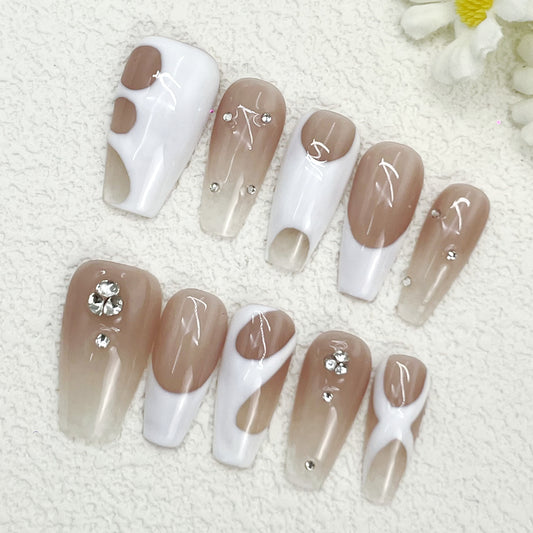 Coffin Press-On Nails – Nude Brown & White Gradient with Silver Rhinestones, Glossy Modern Design with Geometric Accents, Handmade(167)