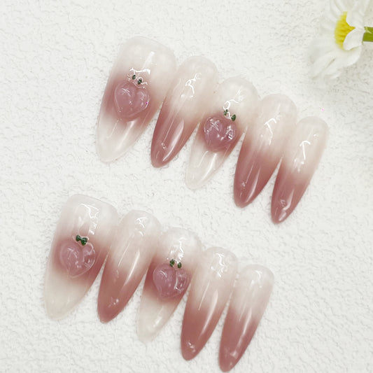 Almond Press-On Nails – Soft to Deep Pink Gradient with 3D Pink Hearts and Green Accents, Glossy & Sweet, Handmade(168)