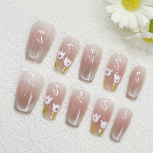Short Coffin Press-On Nails – Blush Pink Gradient with Hand-Painted White Tulips, Sheer Glossy Finish, Spring-Inspired Handmade Design(169)
