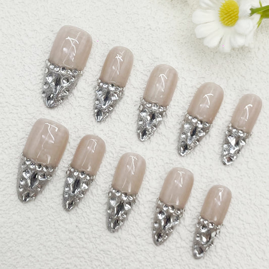 Stiletto Press-On Nails – Nude & Silver Glitter with Dazzling Rhinestones, Mirror Shine Finish, Luxurious & Glamorous Handmade Design(170)