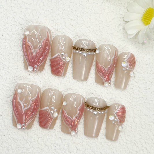 Short Coffin Press-On Nails – Nude & Pink Mermaid Tail Design with Pearls and Gold Chains, Glossy Elegant Handmade Nails(171)