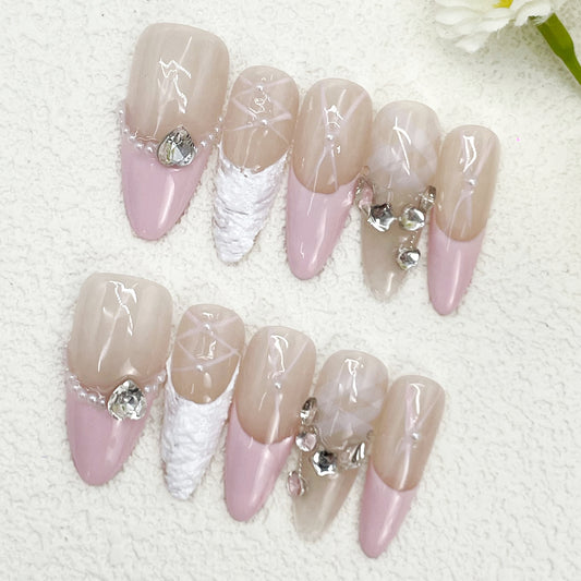 Almond Press-On Nails – Nude, Pink & White Gradient with Pearls and Rhinestones, Sheer Glossy Princess Style Handmade Nails(172)