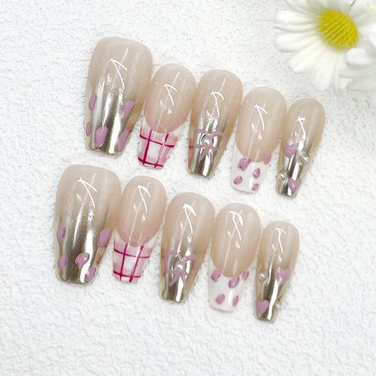 Coffin Press-On Nails – Nude with Hand-Painted Hearts, Plaid & Bows in Pink, White & Gold, Glossy Chic French Style Handmade Nails(174)