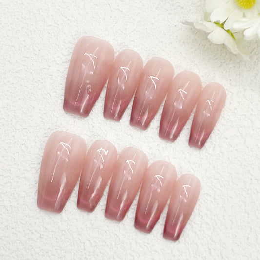 Coffin Press-On Nails – Peachy Pink Cat-Eye Gradient, Glossy Sheer Jelly Look, Sweet & Soft Handmade Nails(175)
