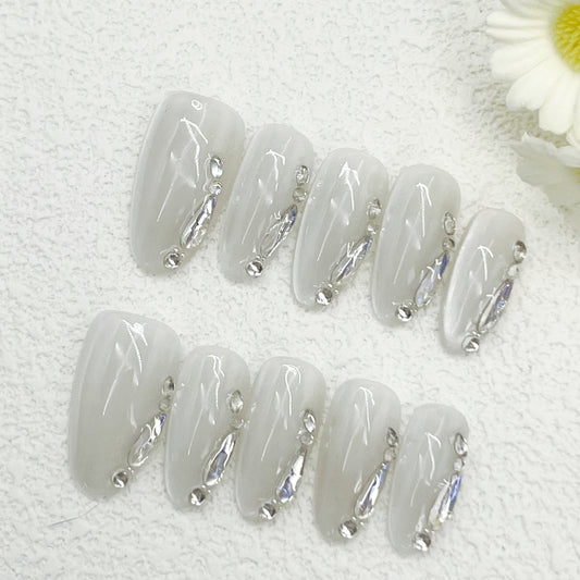 Almond Press-On Nails – Translucent Ice White with Silver Rhinestones, Mirror Shine, Elegant & Luxurious Handmade Nails(179)