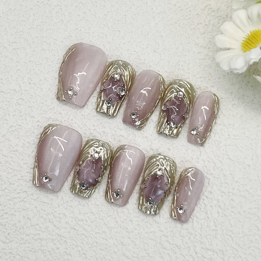Coffin Press-On Nails – Nude Pink with Gold Lines, Pink Gemstones & Silver Rhinestones, Luxurious and Elegant Handmade Nails(184)
