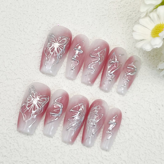 Coffin Press-On Nails – Pink to White Gradient with Silver Butterfly & Line Designs, Glossy Sweet-Cool Style(187)