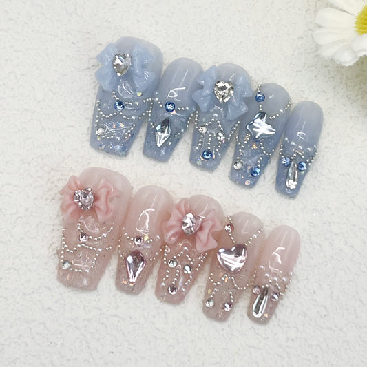 Coffin Press-On Nails – Blue & Pink Floral 3D Designs with Silver Chains, Rhinestones & Hearts, Princess & K-Pop Girl Style(188)
