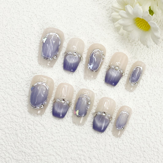 Coffin Press-On Nails – Nude Base with Purple-Gray Gradient, Silver Lines, Rhinestones, Pearls & Butterflies, Elegant & Delicate Handmade Set(189)