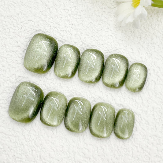 Short Press-On Nails – Glossy Green Grape Cat Eye Korean Style, Simple & Brightening Handmade Set(190)