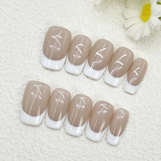 Short Coffin Press-On Nails – Nude & White French Tips with Silver Lines, Classic Minimalist Style, Elegant Everyday Look, Handmade(192)