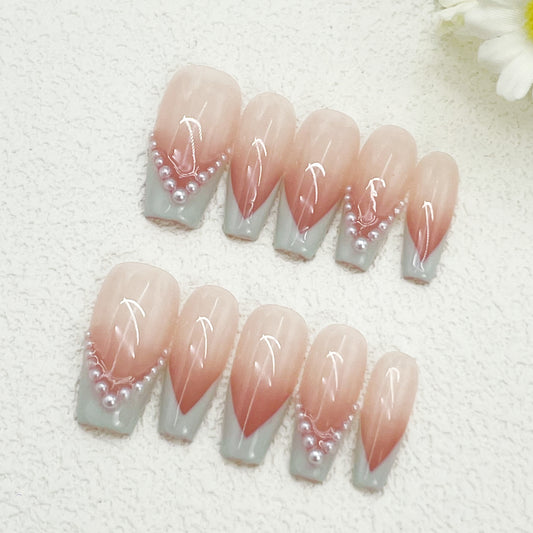 Coffin Press-On Nails – Pink to White Gradient with Mint Green and Pearl Accents, Soft Fairycore Style, Handmade(193)