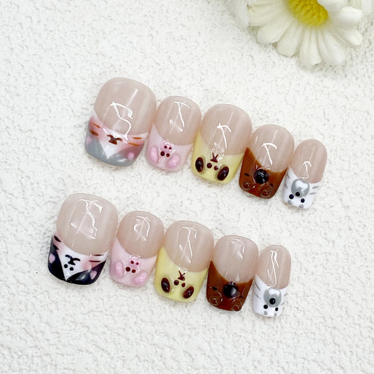Short & Sweet Press-On Nails – Playful Bunnies & Kittens on Nude Base | Whimsically Cute & Youthful(199)