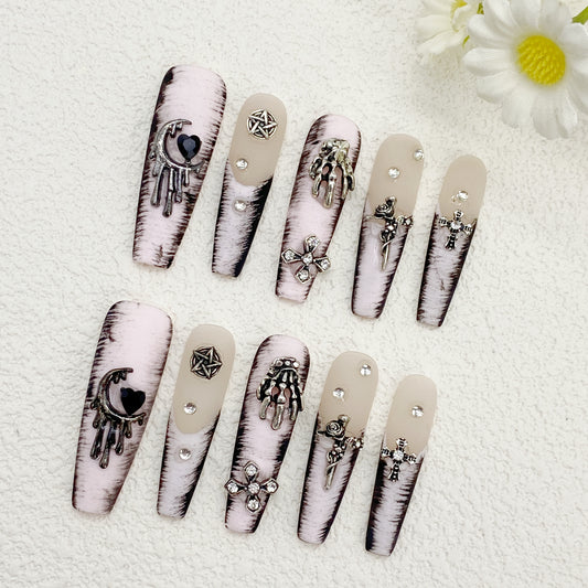 Coffin Press-On Nails – Grunge Pink-Grey Ombré with Metal Charms | Dark Punk Edge & Rebel Vibes(200)