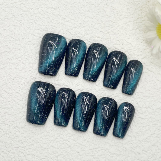 Coffin Cat-Eye Press-On Nails – Deep Blue Magnetic Glow with Silver Accents | Y2K Sassy & Edgy Vibes(202)