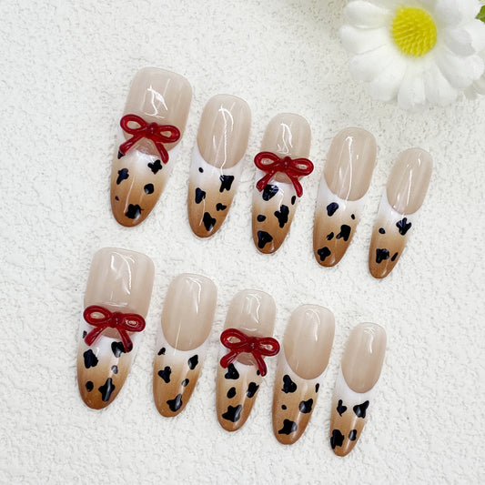 Stiletto Press-On Nails - Nude & Leopard Print with 3D Bow | Sweet Yet Edgy Chic(203)