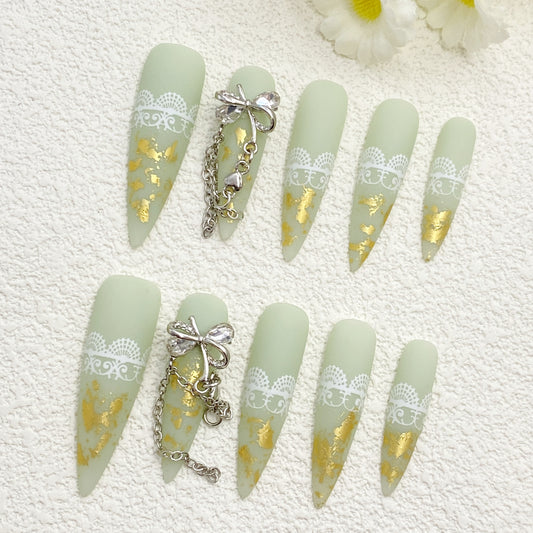 Stiletto Couture Press-On Nails – Mint Green & Lace with Gold Foil & Silver Bows | Sweet-Edgy Royal Vibes(205)