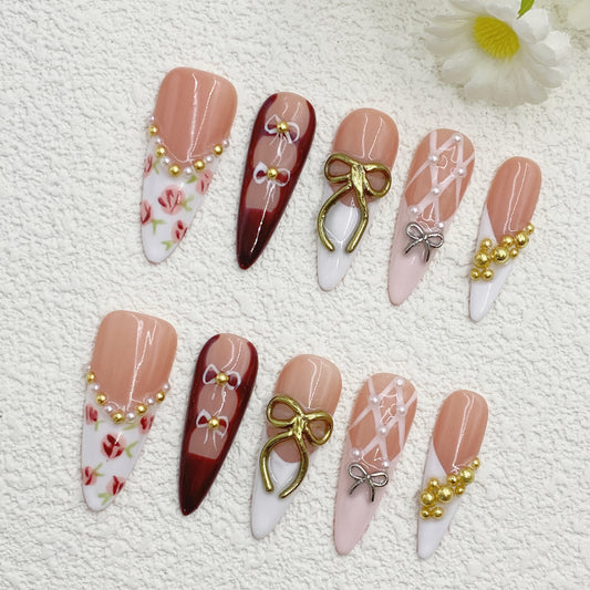 Stiletto Royal-Chic Press-On Nails – Blush & Wine Floral with Pearls & Bows | Handcrafted Fairytale Elegance(206)