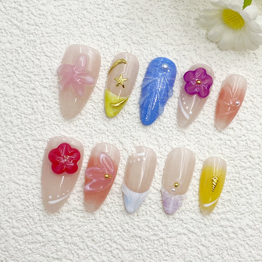 Almond Sweet Bloom Press-On Nails – Nude Base with 3D Flowers & Metallic Details | Fresh & Youthful Elegance(207)