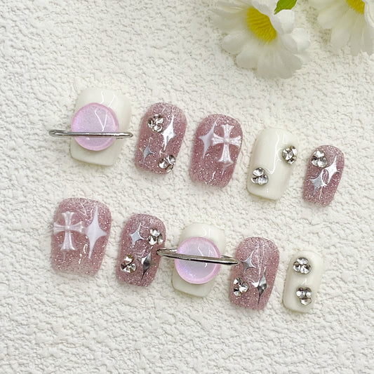 Short Sweet-Edge Press-On Nails – Pink & White with Crosses & Diamonds | Handmade Chic Contrast(208)