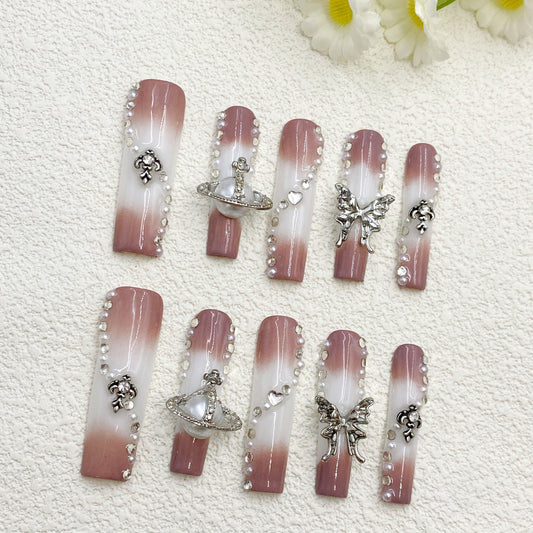Long Square Press-On Nails – Pink to White Gradient with Pearls, Butterflies & Saturn Charms, Sweet & Cool Handmade Couture Style(210)