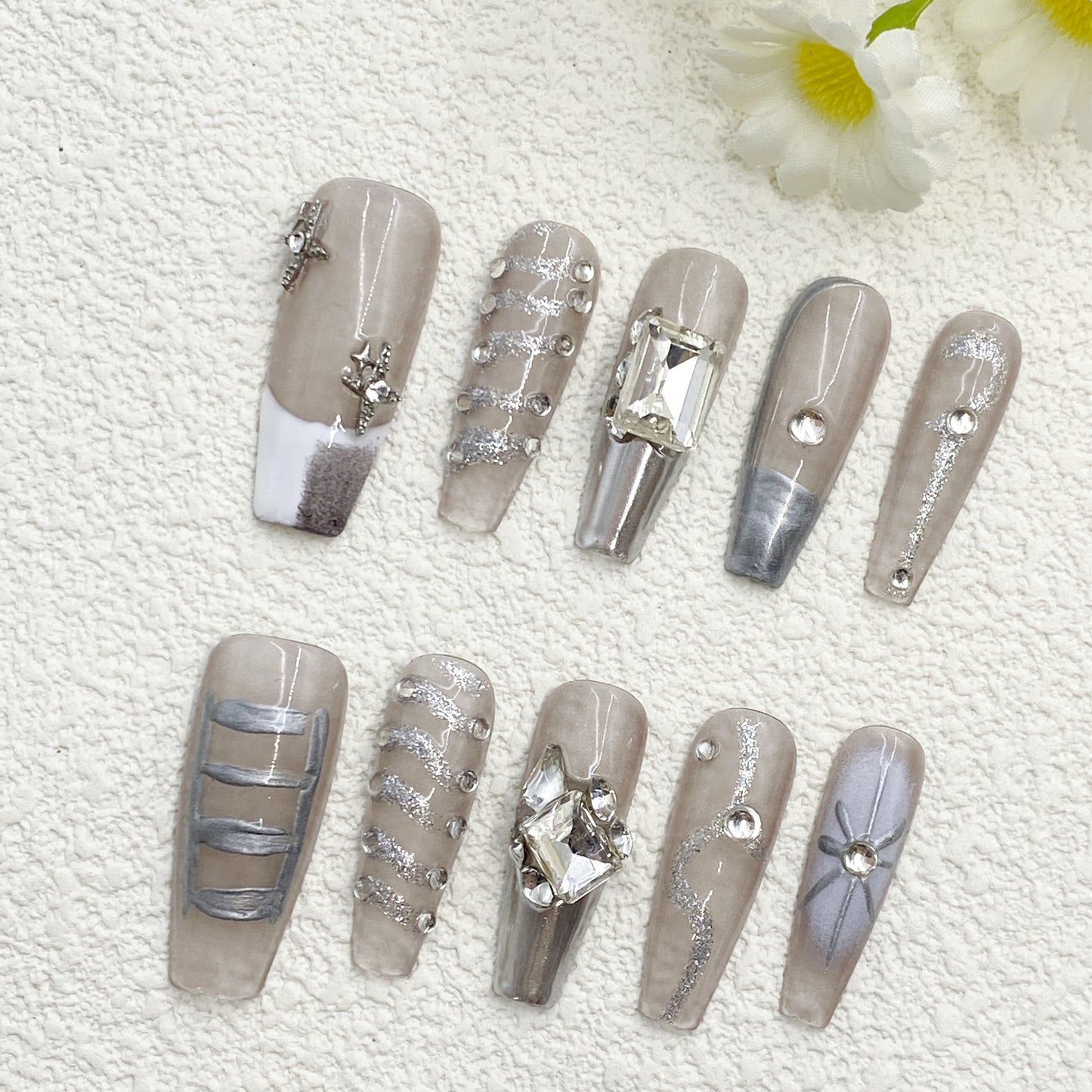 Coffin Press-On Nails – Clear Grey Base with Silver Metal Lines, Irregular Crystals & Rhinestones, Futuristic Edgy Handmade Design(211)