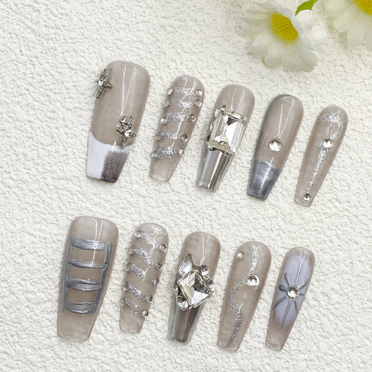Coffin Press-On Nails – Clear Grey Base with Silver Metal Lines, Irregular Crystals & Rhinestones, Futuristic Edgy Handmade Design(211)