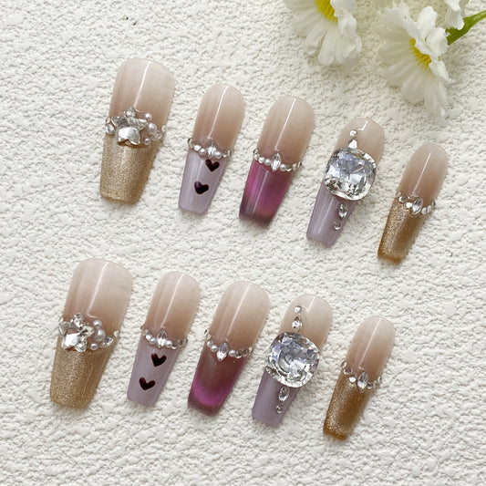 Long Coffin Press-On Nails – Nude Pink Gradient with Chains, Rhinestones, Hearts & Color Blocks, Sweet & Glam Handmade Statement Set(214)