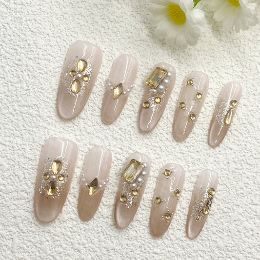 Long Almond Press-On Nails – Nude Champagne Base with Cat-Eye Effect, Gold & Silver Rhinestones, Pearls, Luxe Millennial Style, Handmade(215)
