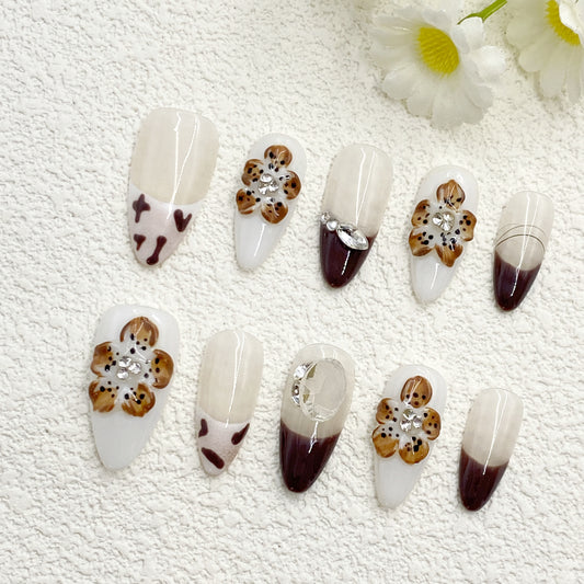 Long Almond Press-On Nails – Nude, White & Brown with Hand-Painted Flowers, Hearts & Rhinestones, Sweet Forestcore Vibe, Handmade(216)