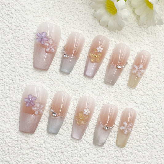 Long Coffin Press-On Nails – Nude Pink Gradient with 3D Floral Accents & Rhinestones, Sweet Spring Blossom Style, Handmade Luxury Set(218)